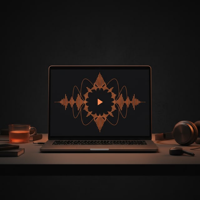 Portátil reproduciendo Latinos FM online con visualizador de audio naranja